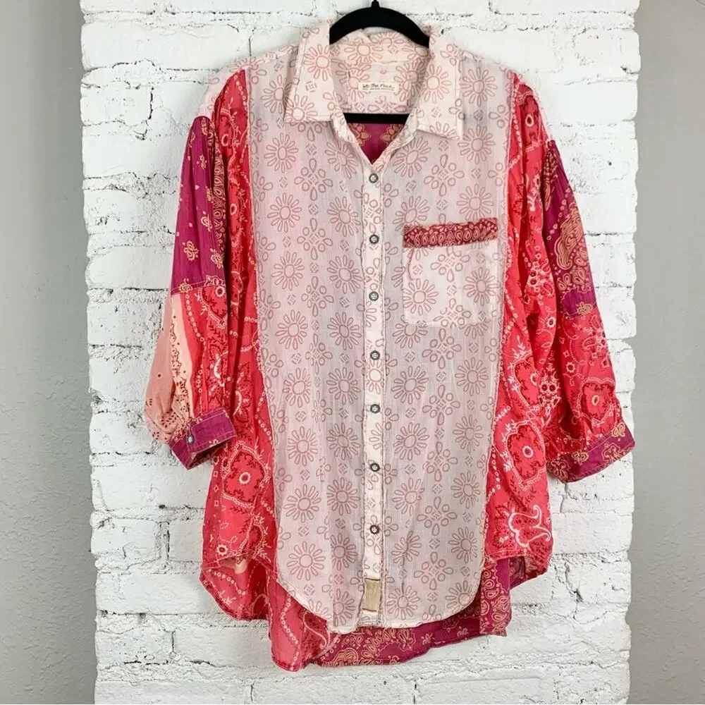 Free People Red and Cream Patchwork Bandana Button-Up Blouse